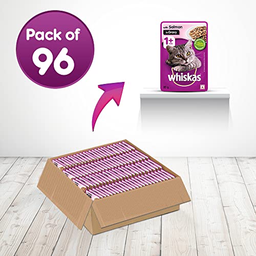 Whiskas Wet Food for Adult Cats (1+Years)- Salmon in Gravy Flavour- 96 Pouches (96 x 85gm)