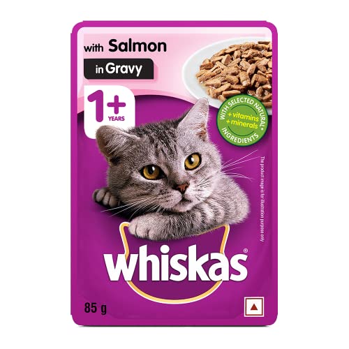 Whiskas Wet Food for Adult Cats (1+Years)- Salmon in Gravy Flavour- 96 Pouches (96 x 85gm)