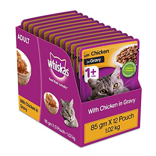Whiskas Wet Food for Adult Cats- Chicken in Gravy Flavour- 12 Pouches (12 x 85gm)