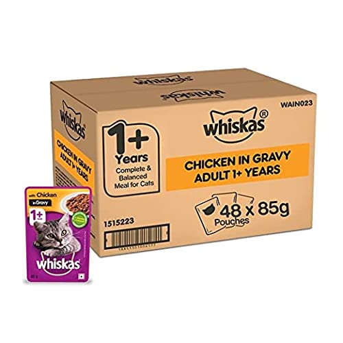 Whiskas Wet Food for Adult Cats- Chicken in Gravy Flavour- 48 Pouches (48 x 85gm)