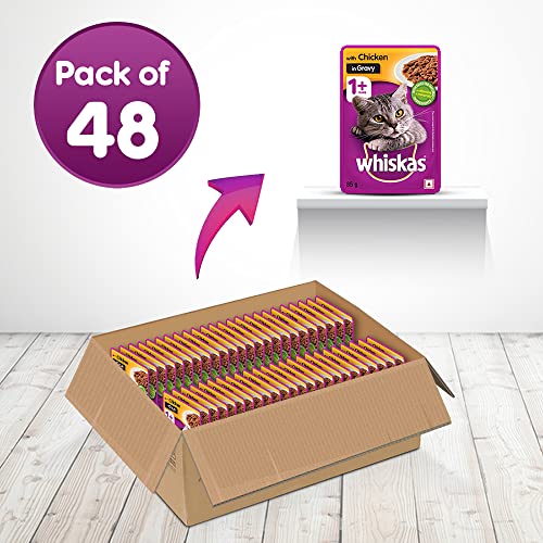 Whiskas Wet Food for Adult Cats- Chicken in Gravy Flavour- 48 Pouches (48 x 85gm)