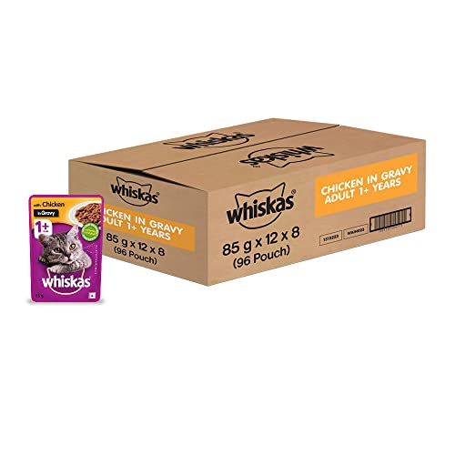 Whiskas Wet Food for Adult Cats- Chicken in Gravy Flavour- 96 Pouches (96 x 85gm)