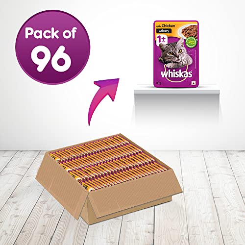Whiskas Wet Food for Adult Cats- Chicken in Gravy Flavour- 96 Pouches (96 x 85gm)