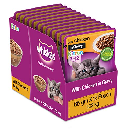 Whiskas Wet Food for Kittens (2-12 Months)  Chicken in Gravy Flavour  12 pouches (12 x 85gm)