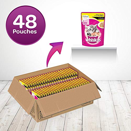Whiskas Wet Food for Kittens (2-12 Months)  Chicken in Gravy Flavour  48 pouches (48 x 85gm)