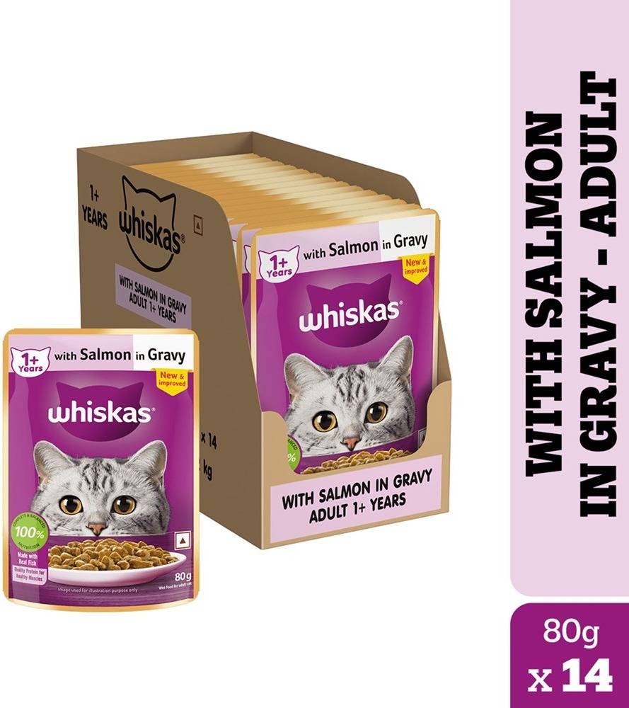 Whiskas Adult (1+ Years) Wet Cat Food, Salmon in Gravy, 80 g (Pack of 14)