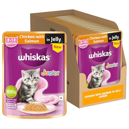 Whiskas Junior Kitten (2-12 Months) Wet Cat Food, Chicken with Salmon in Jelly, 80 g x 14