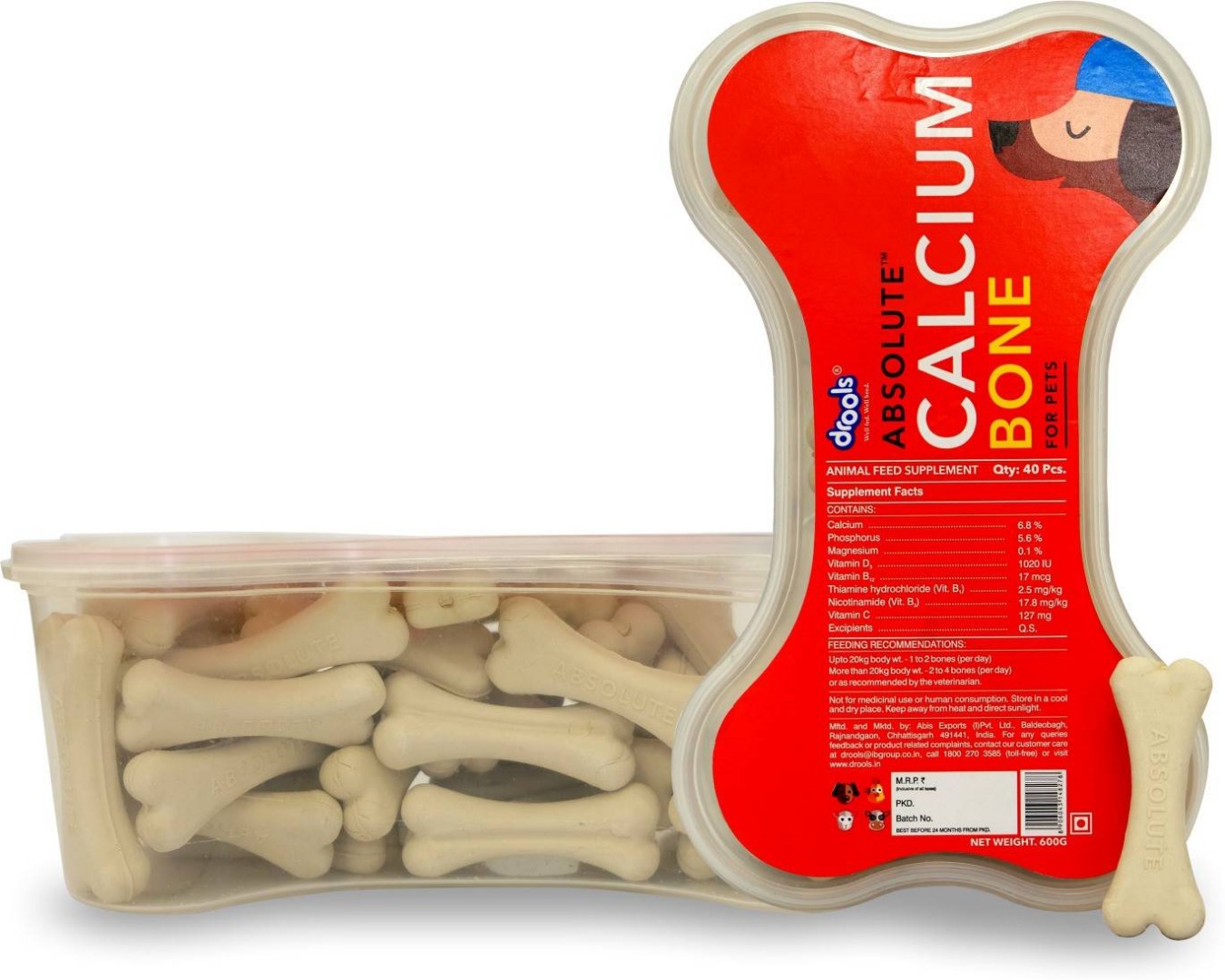 Drools Absolute Dog Supplement Treat Calcium Bone Jar - 40 Pieces (600G Pack), For All Life Stages