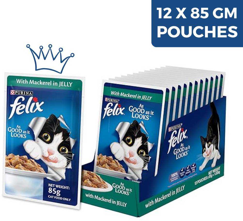 Purina Felix With Mackerel In Jelly Pack Of 12 Pouches (12 X 85 G)