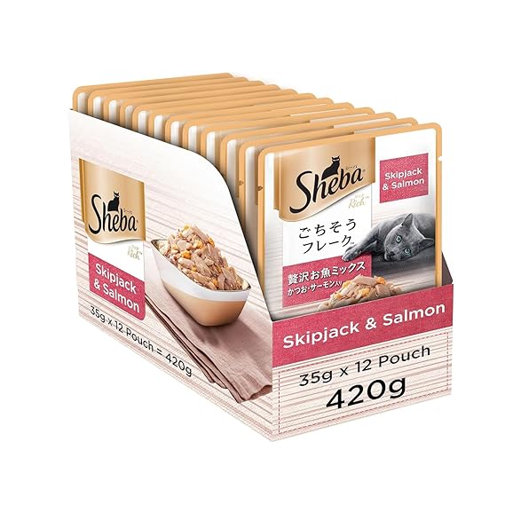 Sheba Premium Wet Cat Food Food, Fish Mix (Skipjack & Salmon), 12 Pouches, Adult