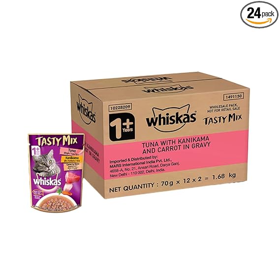 Whiskas Adult (1+ year) Tasty Mix Wet Cat Food Made With Real Fish, Tuna With Kanikama And Carrot in Gravy, Pack of 24