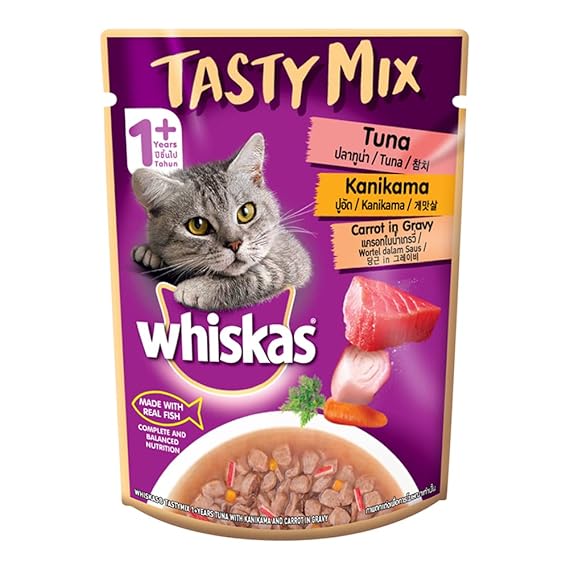 Whiskas Adult (1+ year) Tasty Mix Wet Cat Food Made With Real Fish, Tuna With Kanikama And Carrot in Gravy, Pack of 24