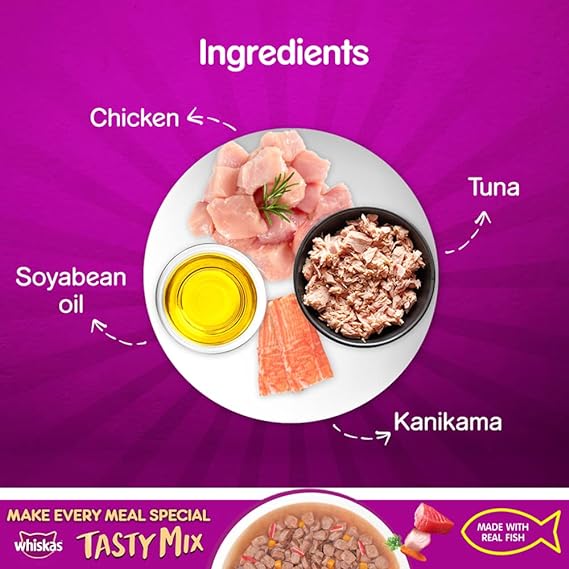 Whiskas Adult (1+ year) Tasty Mix Wet Cat Food Made With Real Fish, Tuna With Kanikama And Carrot in Gravy, Pack of 24