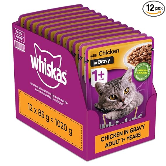 Whiskas Adult Wet Cat Food, Chicken In Gravy, 12 Pouches, Brown