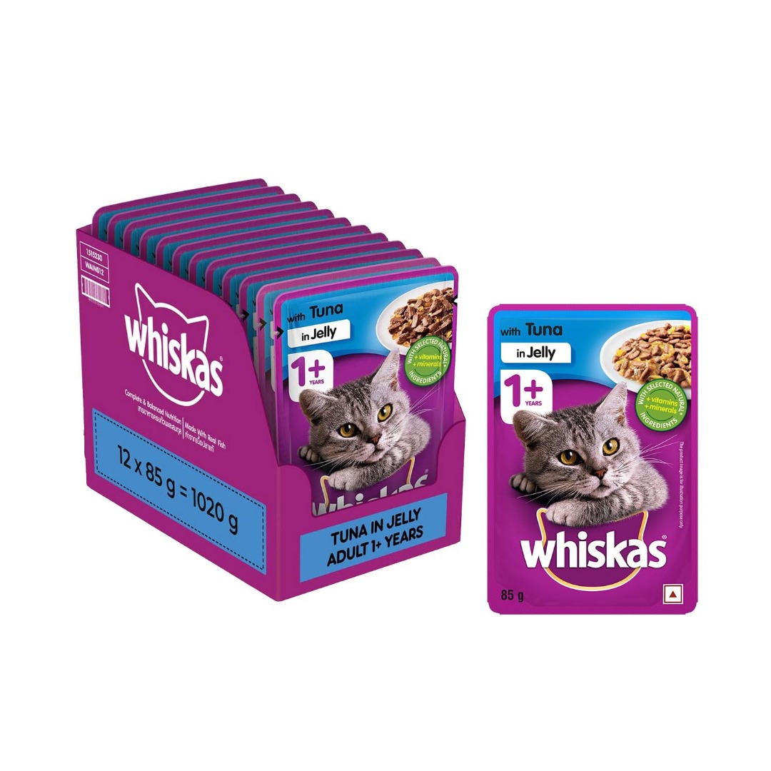 Whiskas Wet Cat Food For Adult Cats (1+Years), Tuna In Jelly Flavour, 12 Pouches