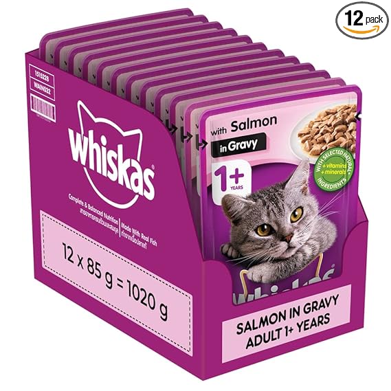 Whiskas Wet Food For Adult Cats (1+Years), Salmon In Gravy Flavour, 12 Pouches