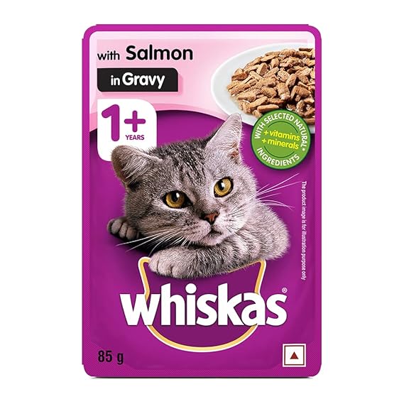 Whiskas Wet Food For Adult Cats (1+Years), Salmon In Gravy Flavour, 12 Pouches