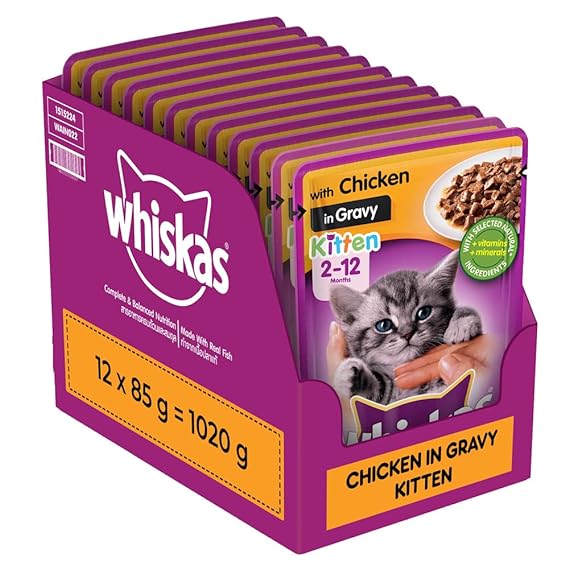 Whiskas Wet Food For Kittens (2-12 Months), Chicken In Gravy Flavour, 12 Pouches