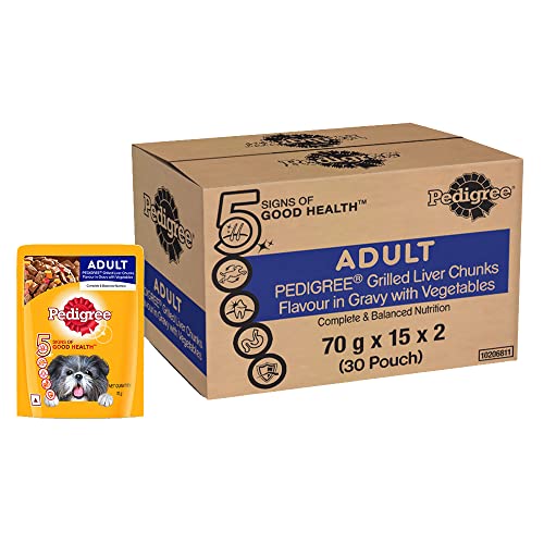 Pedigree Adult Wet Dog Food Grilled Liver Chunks Flavour in Gravy with Vegetables (Pack of 30)