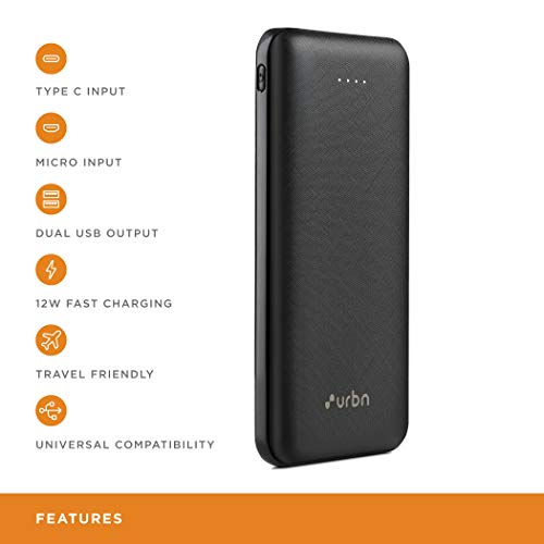URBN 20000mAh Li-Polymer Ultra Compact Type-C Power Bank with 12W Fast Charge, Type C & Micro Input
