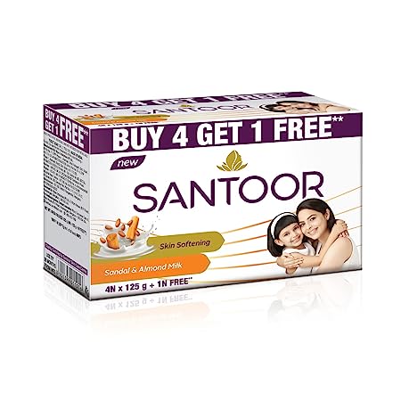 Santoor Sandal and Almond Milk Soap, 125gm (Buy 4 Get 1)
