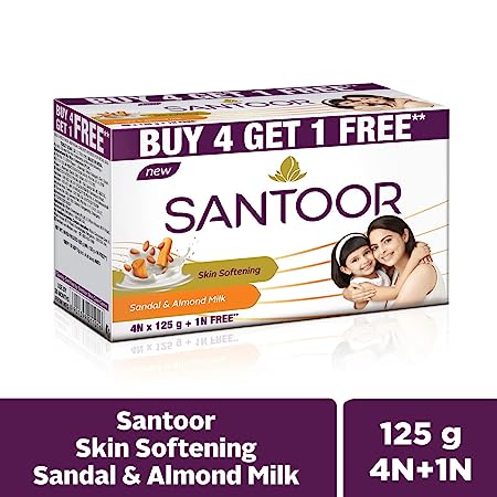 Santoor Sandal and Almond Milk Soap, 125gm (Buy 4 Get 1)