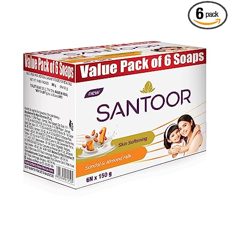 Santoor Sandalwood and Almond milk Organic Soft Bath Soap for Softer, 150gm, Pack of 6