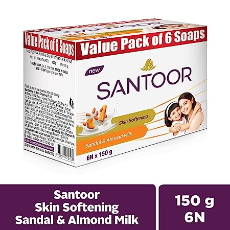 Santoor Sandalwood and Almond milk Organic Soft Bath Soap for Softer, 150gm, Pack of 6