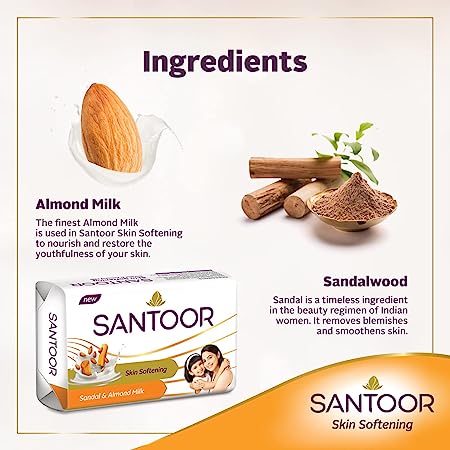 Santoor Sandalwood and Almond milk Organic Soft Bath Soap for Softer, 150gm, Pack of 6