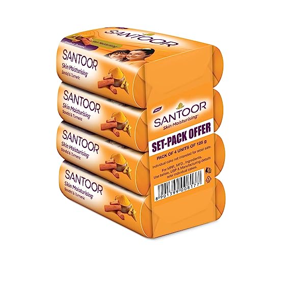 Santoor Sandalwood and Turmeric Bath Soap, 125gm, Pack of 4