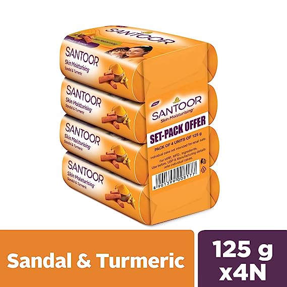 Santoor Sandalwood and Turmeric Bath Soap, 125gm, Pack of 4