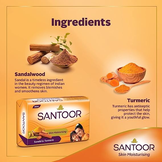 Santoor Sandalwood and Turmeric Bath Soap, 125gm, Pack of 4