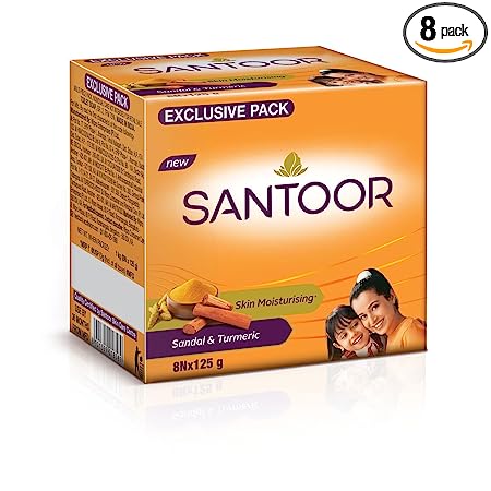 Santoor Sandalwood and Turmeric Bath Soap, 125gm, Pack of 8