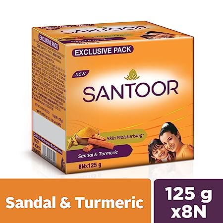 Santoor Sandalwood and Turmeric Bath Soap, 125gm, Pack of 8