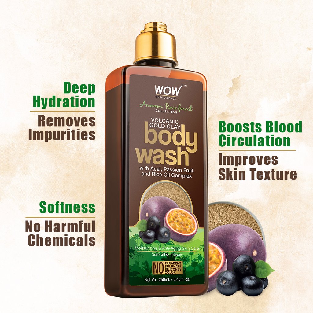 WoW Amazon Rainforest Collection, Volcanic Gold Clay Shower Gel with Acai, Passion Fruit & Rice Oil Complex