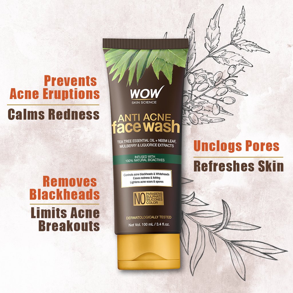 WoW Anti Acne Face Wash, with Tea Tree Essential Oil, Neem Leaf Extracts