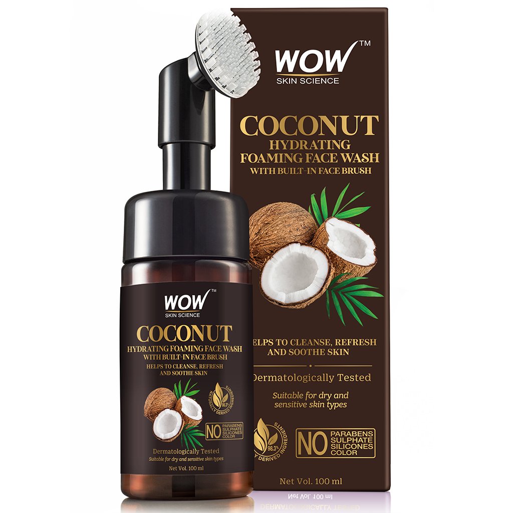 WoW Coconut Hydrating Foaming Face Wash with Built-In Face Brush, with Coconut Water
