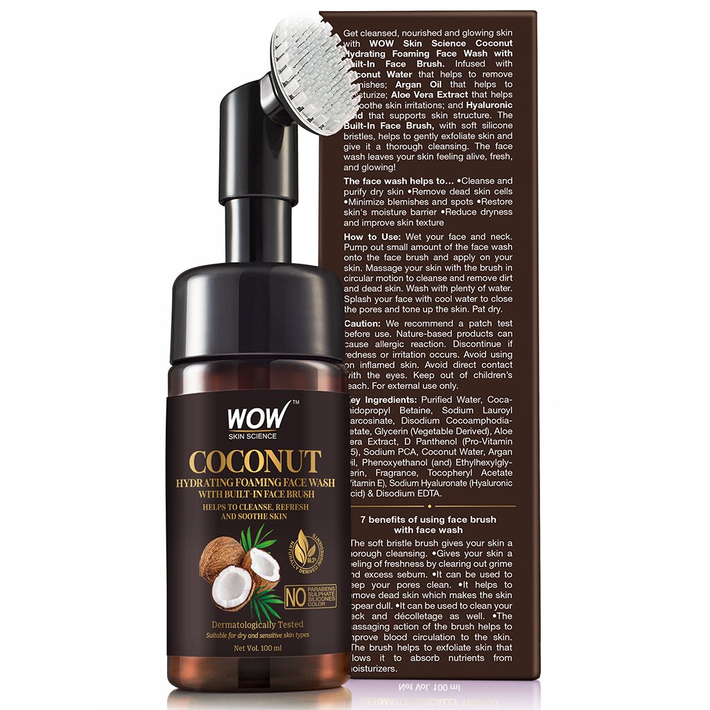 WoW Coconut Hydrating Foaming Face Wash with Built-In Face Brush, with Coconut Water