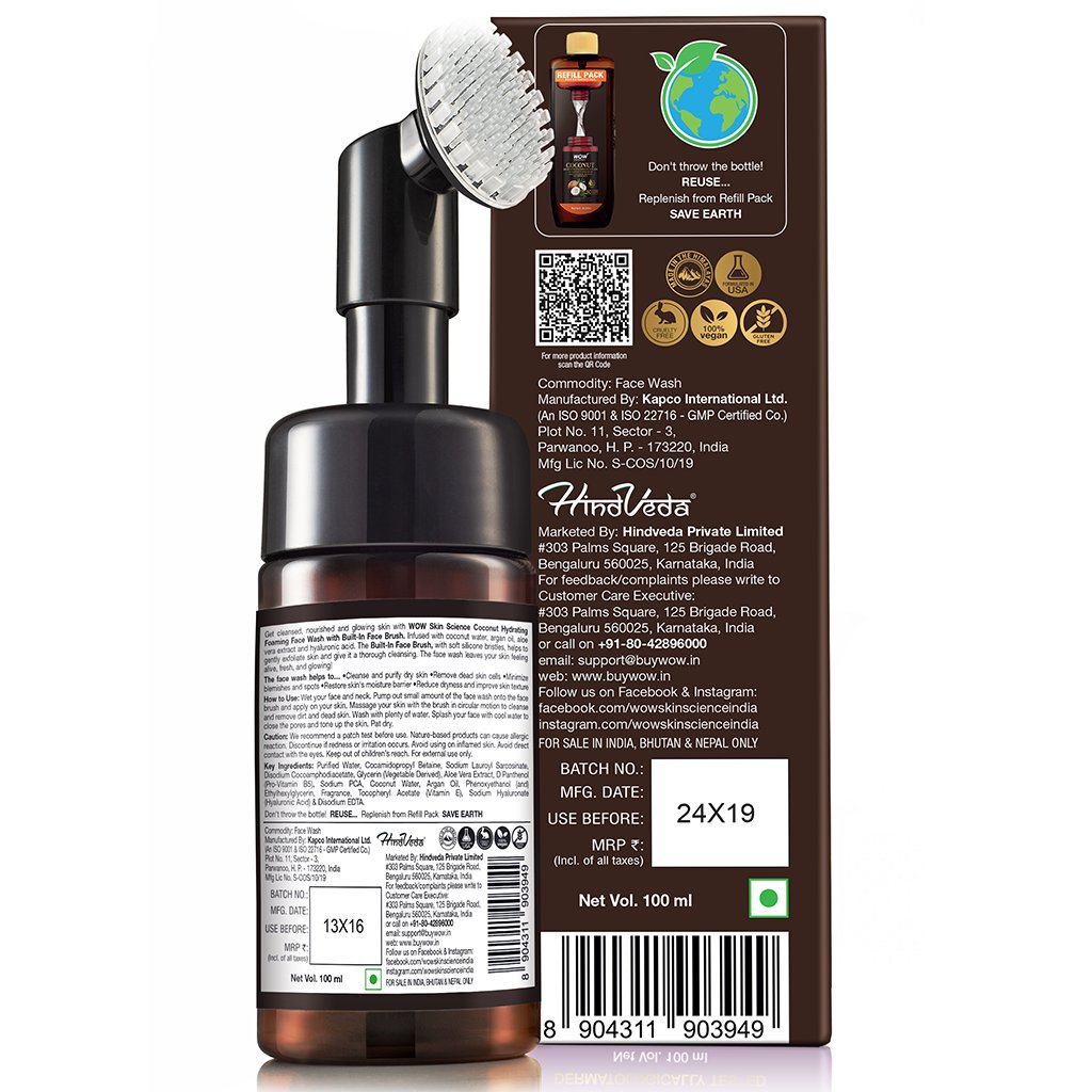 WoW Coconut Hydrating Foaming Face Wash with Built-In Face Brush, with Coconut Water