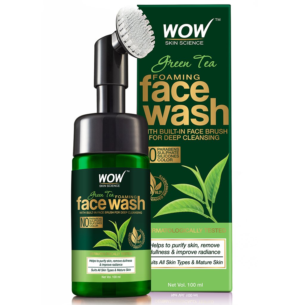 WoW Green Tea Foaming Face Wash with Built-In Face Brush with Green Tea & Aloe Vera Extract