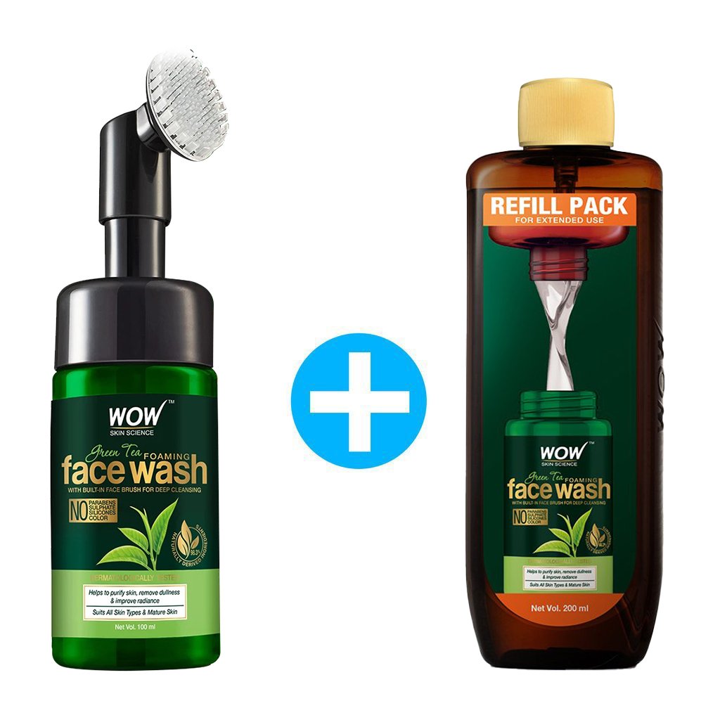 WoW Green Tea Foaming Face Wash with Built-In Face Brush with Green Tea & Aloe Vera Extract