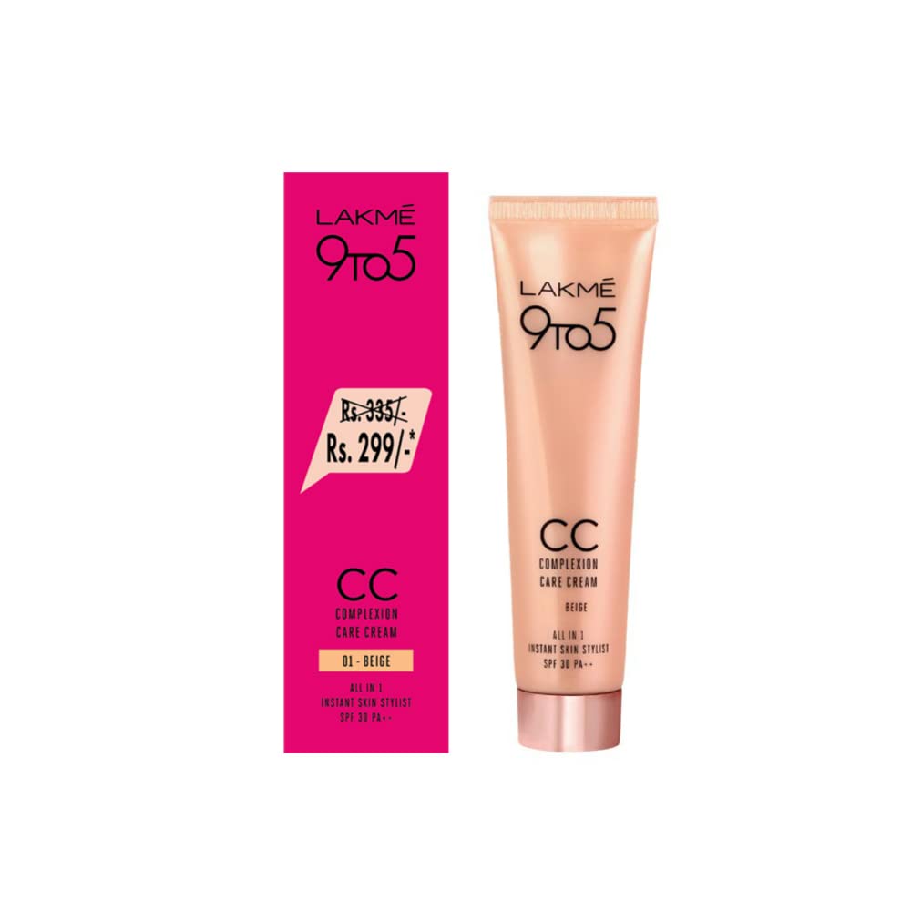 Lakme 9 to 5 CC Cream, 01 Beige, Light Face Makeup with Natural Coverage, SPF 30, 30gm