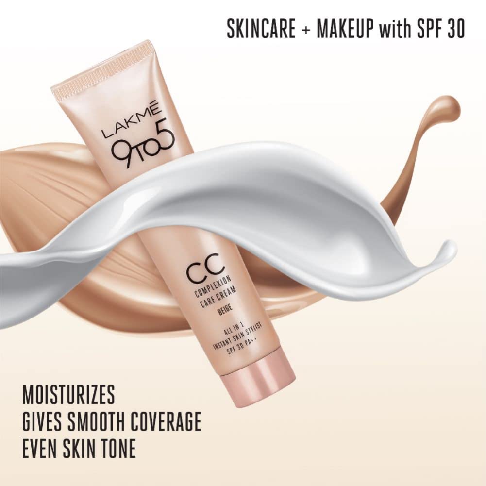 Lakme 9 to 5 CC Cream, 01 Beige, Light Face Makeup with Natural Coverage, SPF 30, 30gm
