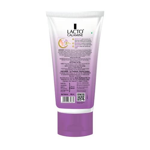 Lacto Calamine Daily Face Wash with Kaolin Clay, Niacinamide and Vitamin E for Oily Skin, 100ml (Pack of 2)