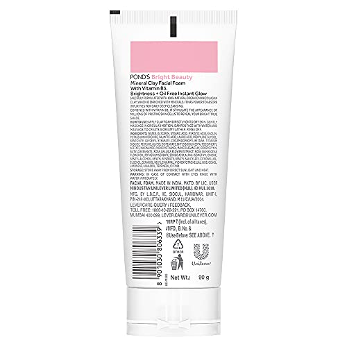 Ponds Bright Beauty Mineral Clay Vitamin B3, 4X Oil Absorbing, Brightening Face Wash