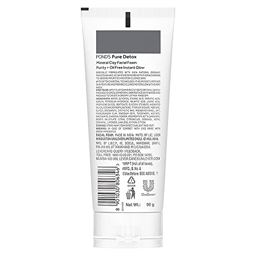 Ponds Pure Detox Mineral Clay Activated Charcoal, 4X Oil Absorbing, Detoxifying Face Wash