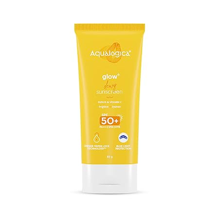 Aqualogica Glow+ Dewy Sunscreen SPF 50 with Papaya & Vitamin C Blue Light Protection Brightens & Hydrates Skin