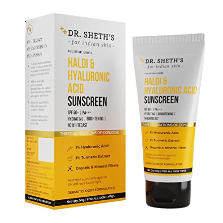 Dr Sheths Haldi & Hyaluronic Acid Cream Sunscreen With 1% Hyaluronic Acid & 1% Turmeric Extract, Spf 50+++, 50gm