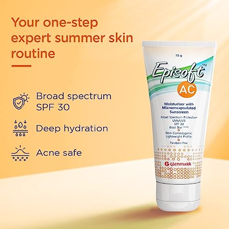 Glenmark Episoft AC Moisturizer with Sunscreen, SPF 30+, For Men and Women, 75gm, Pack of 2