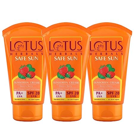 Lotus Herbals Safe Sun Sunscreen Cream Breezy Berry SPF 20 PA+ Sweat & Waterproof Non-Greasy | 50gm White | Pack of 3